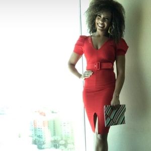 Red Cocktail dress with puff sleeve & belt